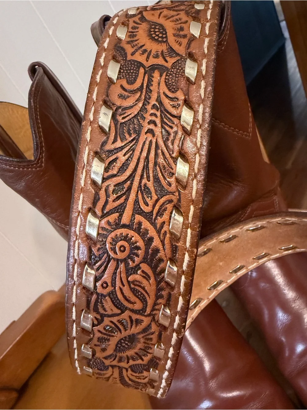 Vintage Leather Tooled Western Belt with Gold Laces.